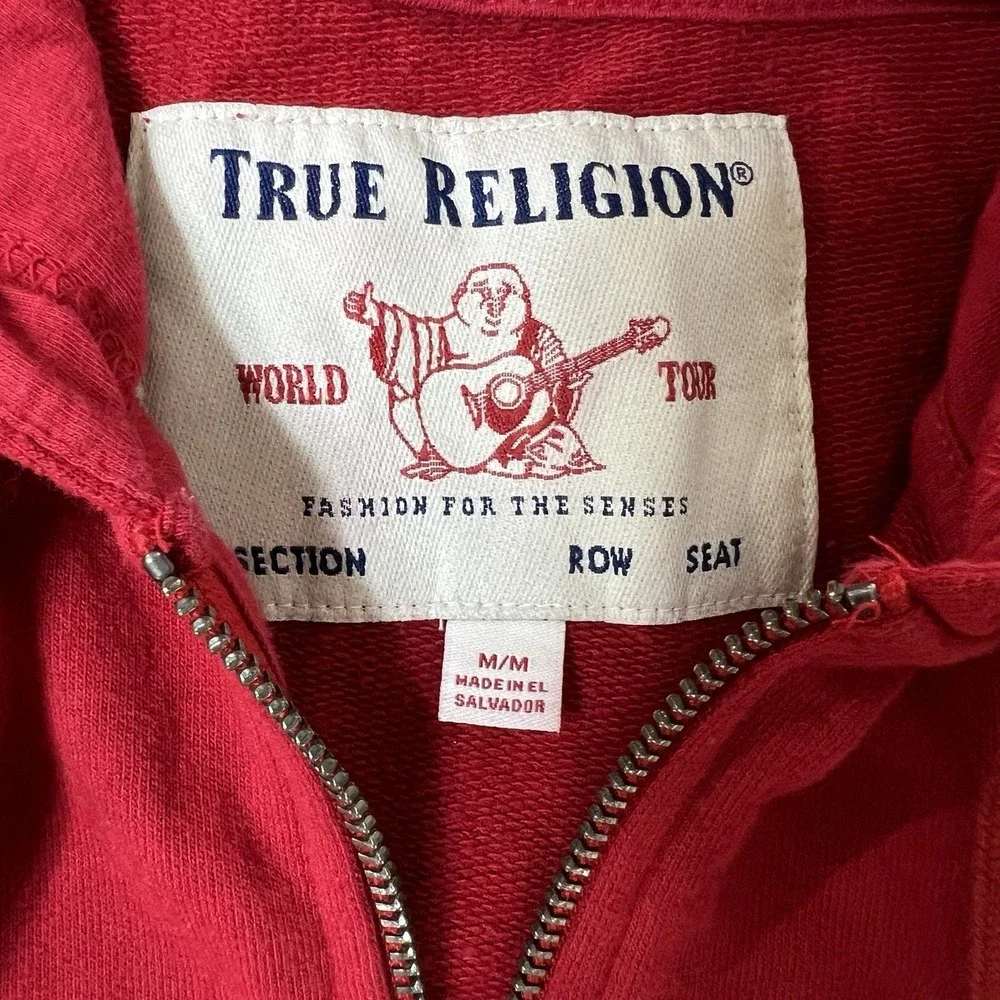 True Religion Hoodie Red Full Zip Up Men's  Medium Y2K Designer Sweatshirt